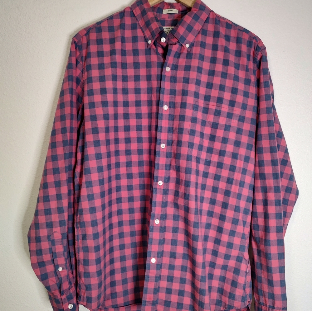 J. Crew Pink Blue Check Long Sleeve Button Front Pocket Shirt Size Large